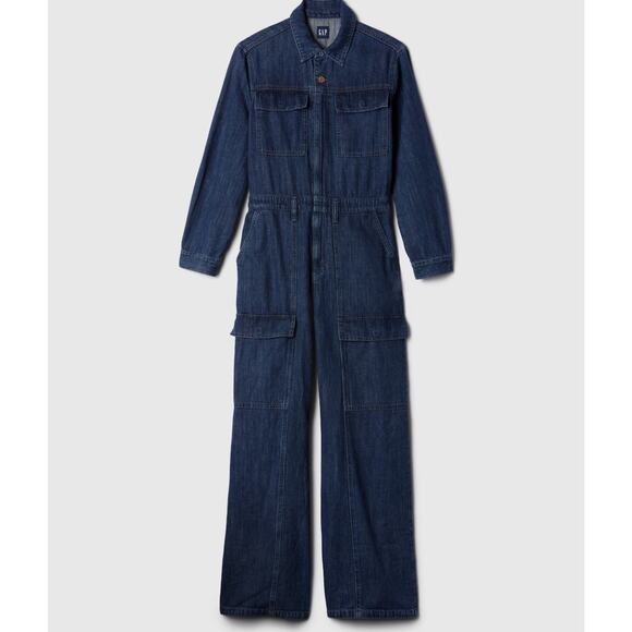NWT GAP Size 20 Denim Cargo Wide Leg Jumpsuit Dark Blue Long Sleeve Full Zip - Picture 2 of 7